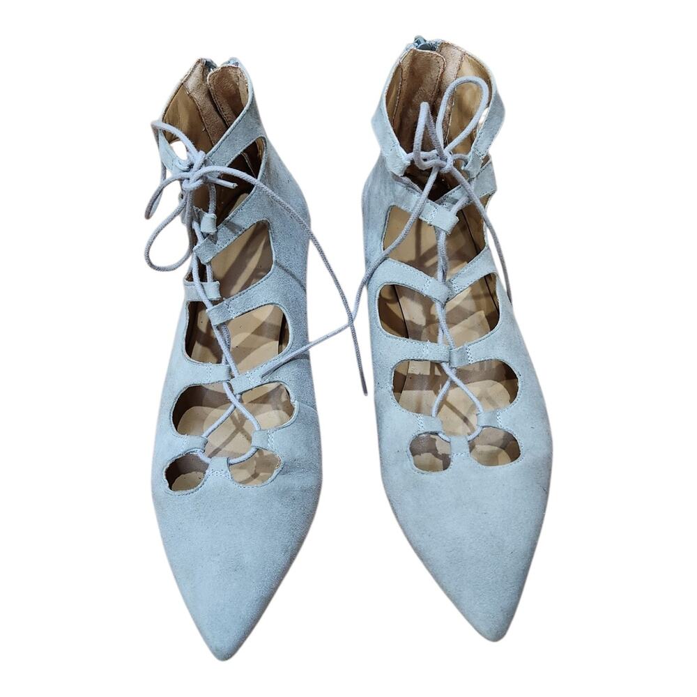 Coquette Blue Grey Lace -Up Ballet Slippers, Sz 39 or ~8.5